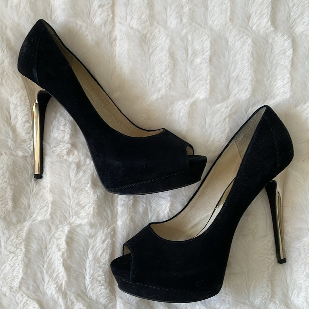 MICHAEL KORS SUEDE PEEP TOE PLATFORM STILETTO HEELS